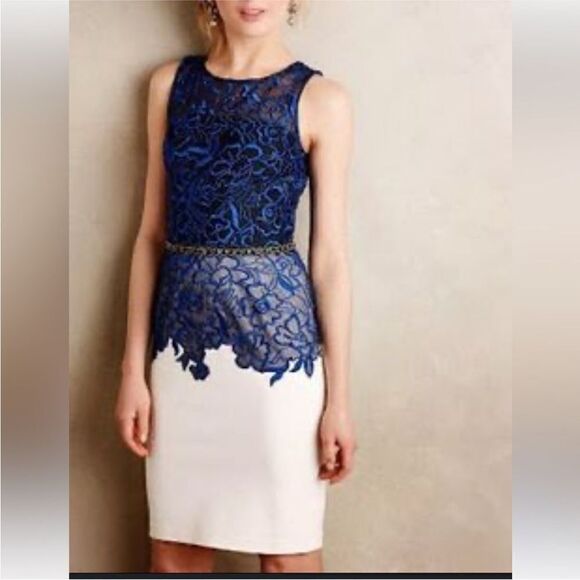 Sachin + Babi Noir Blue and White Lace Crepe Sheath Cocktail Dress| Size 6 - Picture 1 of 10